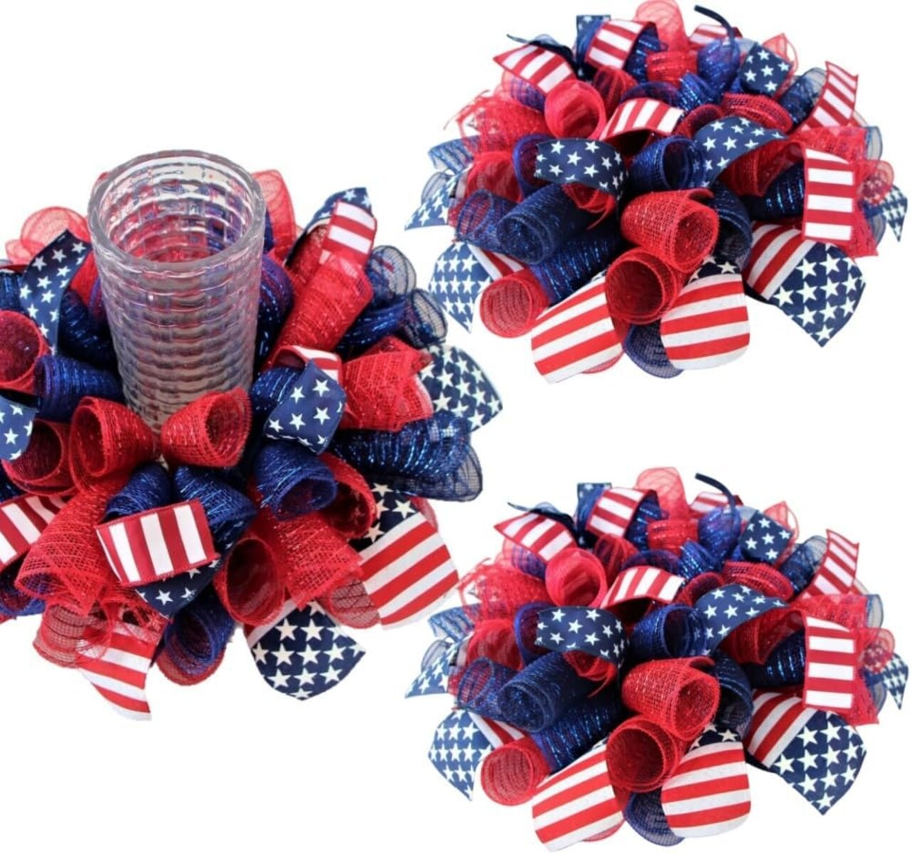 2 Pcs Patriotic Burlap Candle Holder Wreaths Rings, Patriotic Flag Color Fourth of July Berries Candlerings